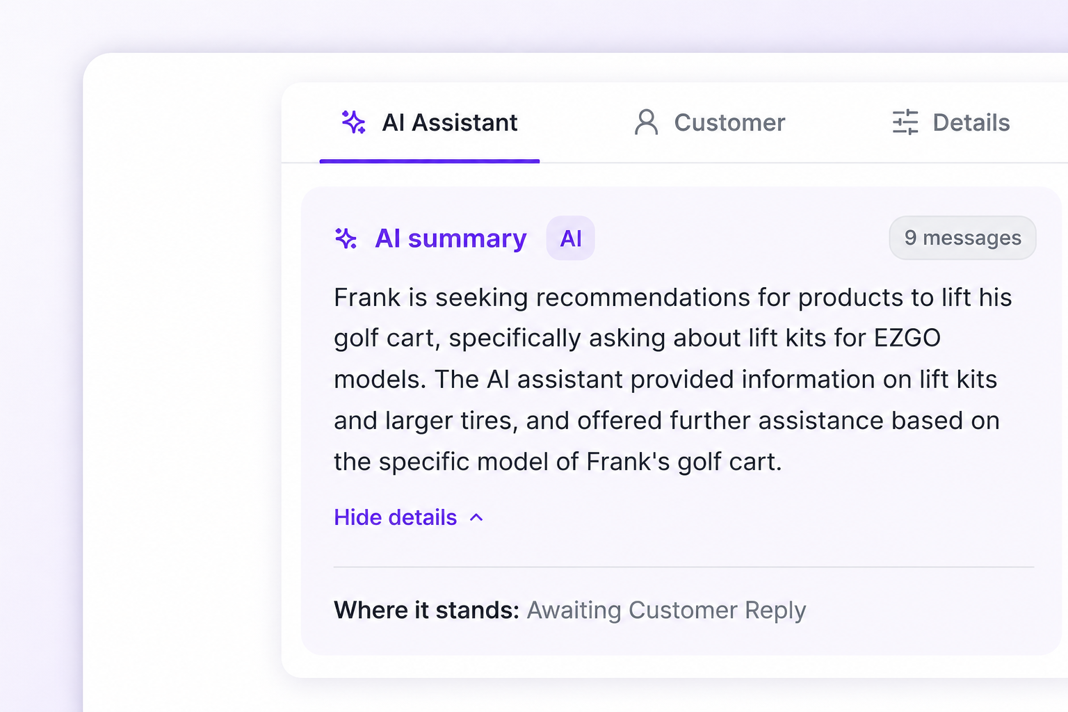 The AI Assistant panel summarising a nine-message thread about golf cart lift kits, with where the conversation stands