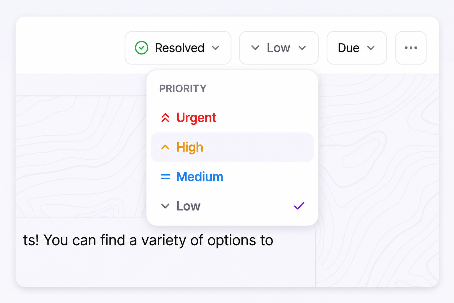 A conversation priority menu offering urgent, high, medium, and low beside the resolved status control
