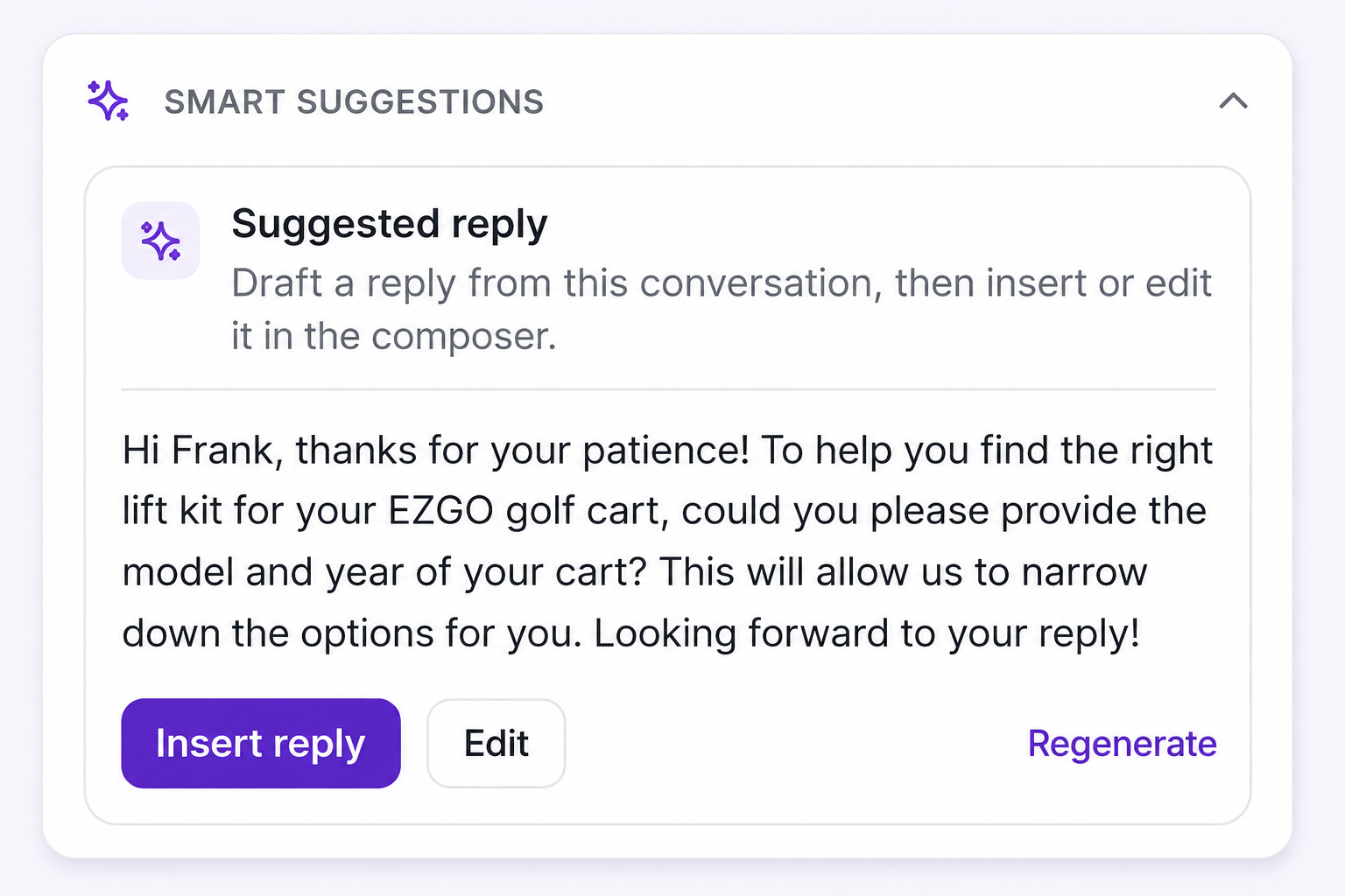 A suggested reply drafted from the conversation, with insert, edit, and regenerate actions for the agent
